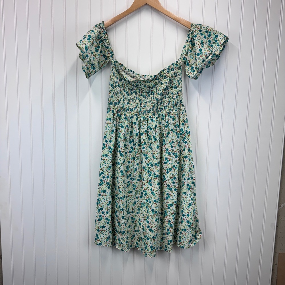 Serene Bohemian Floral Mini Dress Wmn Medium White Blue Smocked Cottagecore Boho